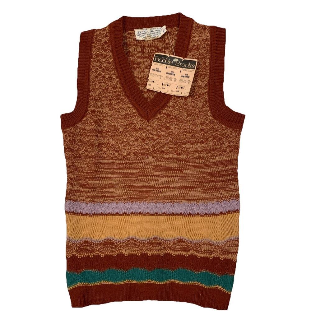 Womens Sweater Vest Small Brown Striped Knit Preppy Vintage NWT